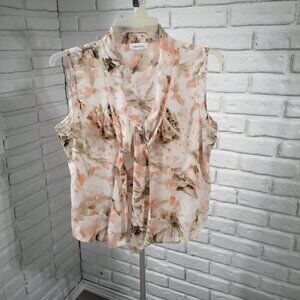 Calvin Klein Ladies Tie Neck Peach & Tan Sleeveless Blouse